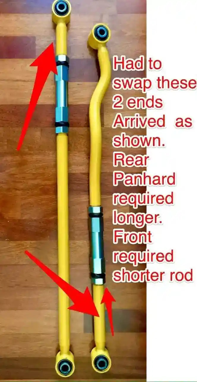 Two yellow metal rods with different lengths on a wooden surface, labeled with text about swap requirements.