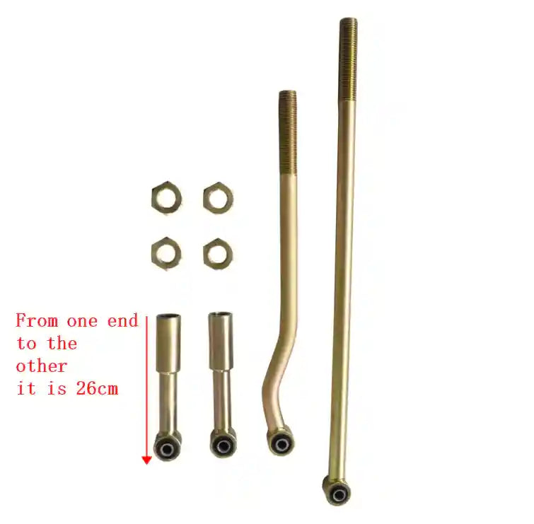 Set of brass mechanical components on a white background with measurement text.