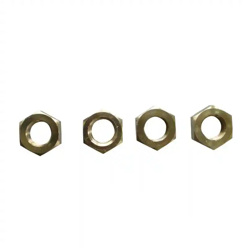 Four brass hex nuts on a white background
