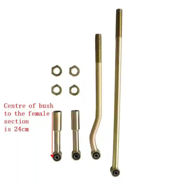 Set of brass Panhard Rods on a white background with text indicating measurement.