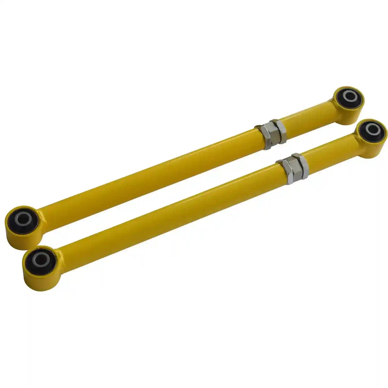 Two yellow control arms with black ends on a white background