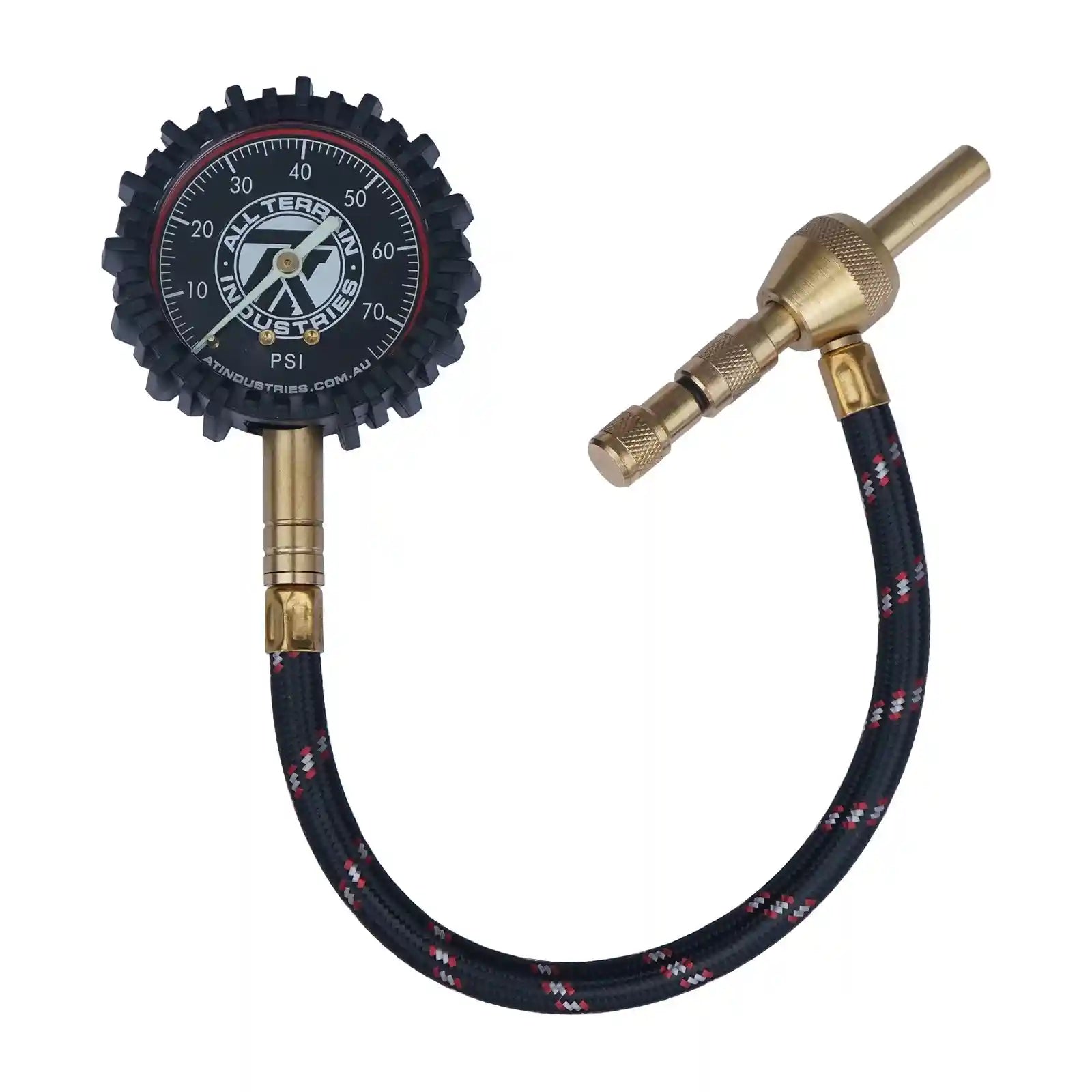 Tire pressure gauge with brass nozzle on a white background