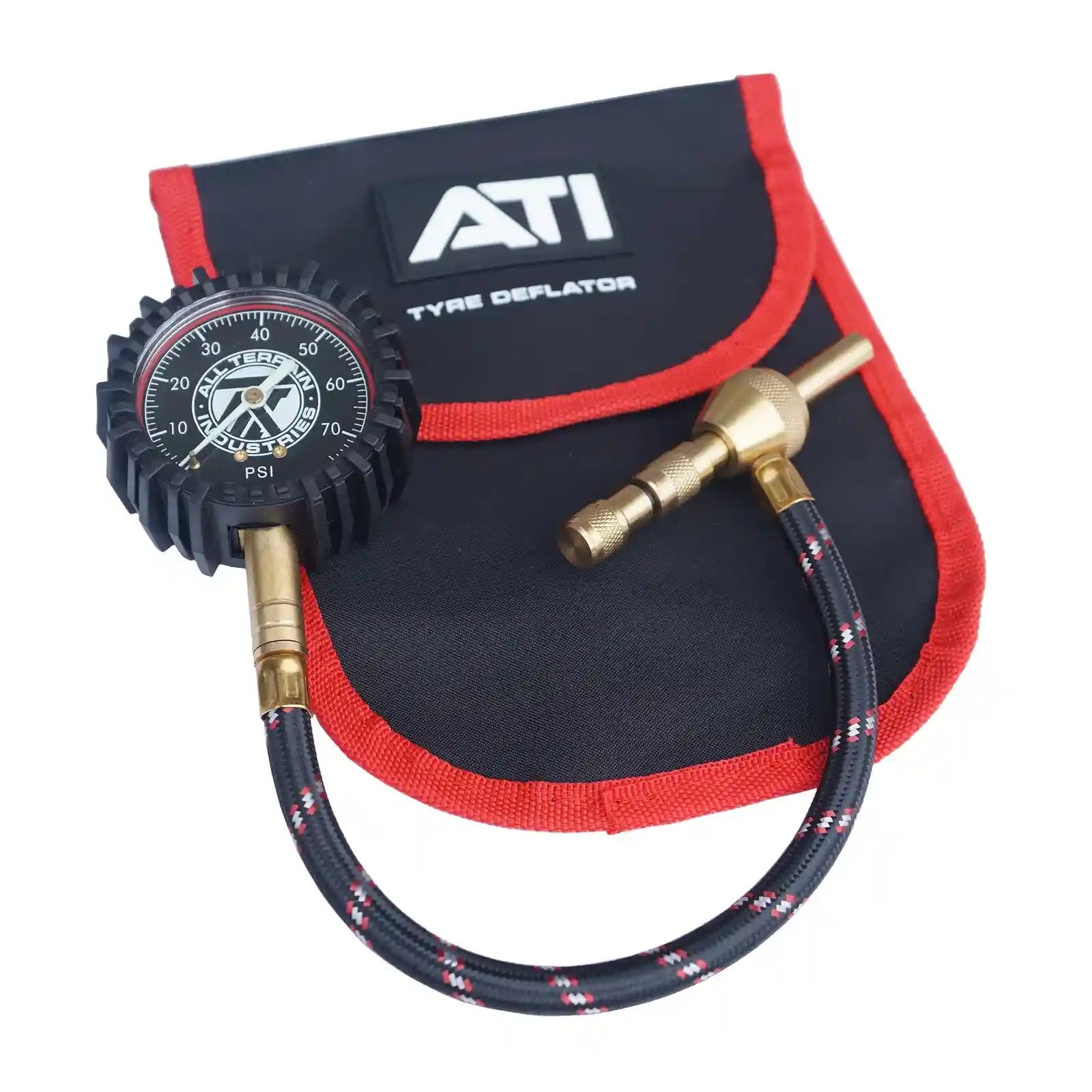 ATI tyre deflator with pressure gauge and nozzle on a white background