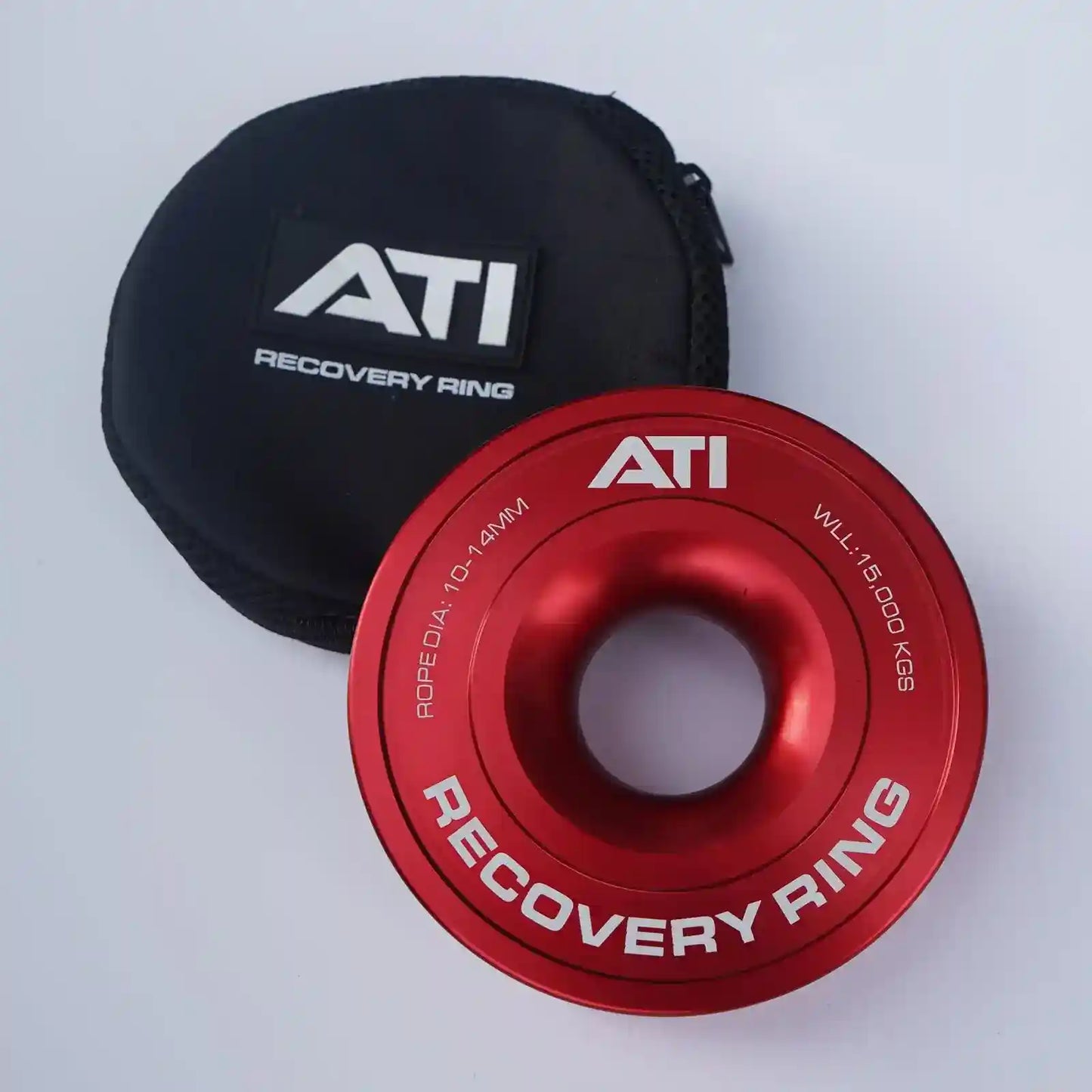 Red ATI recovery ring with black carrying case on a white background