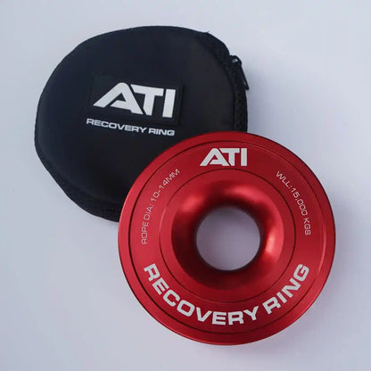 Red ATI recovery ring with black carrying case on a white background