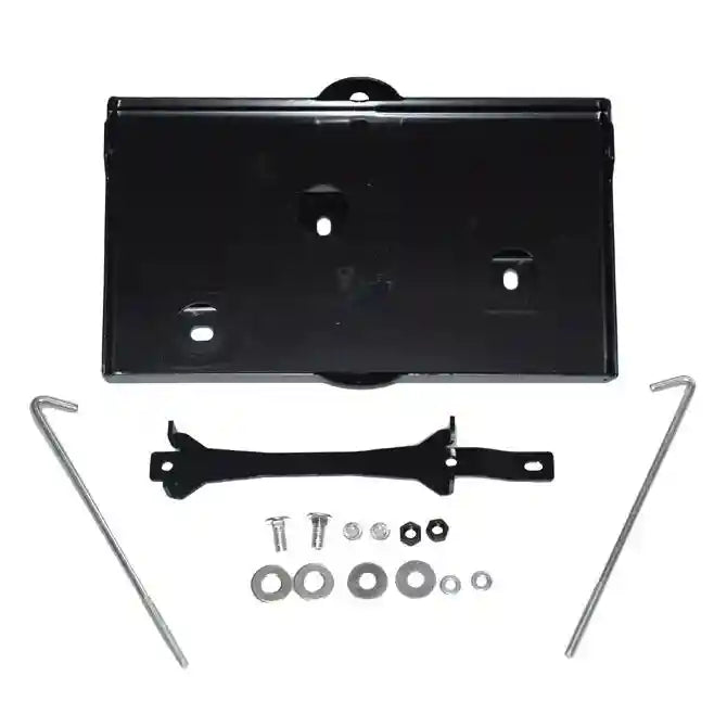 Black metal bracket with hardware components on a white background