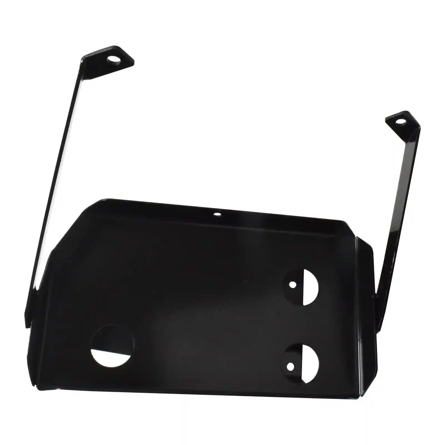 Black metal Dual Battery Tray with two arms on a white background