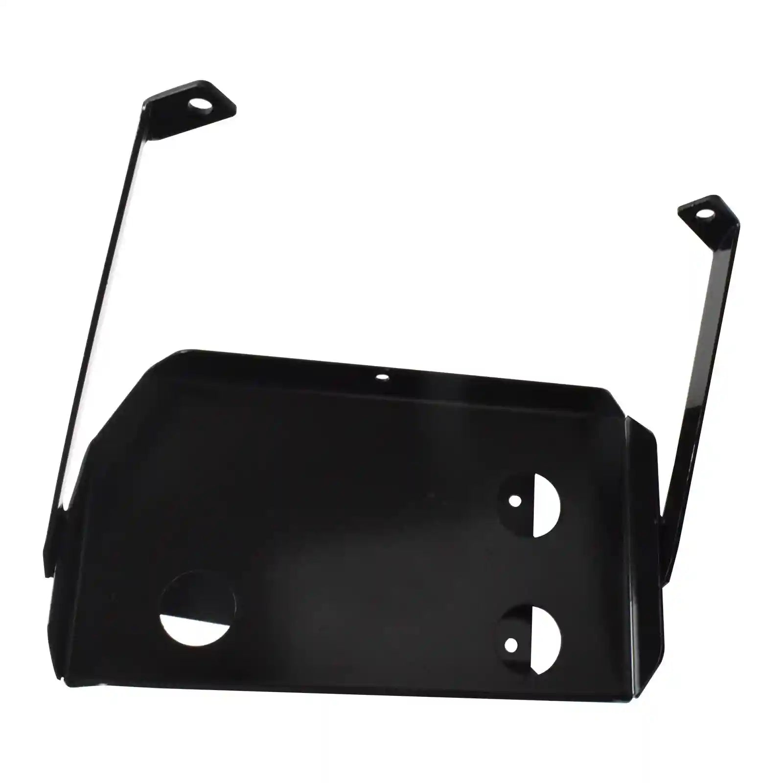 Black metal Dual Battery Tray with two arms on a white background