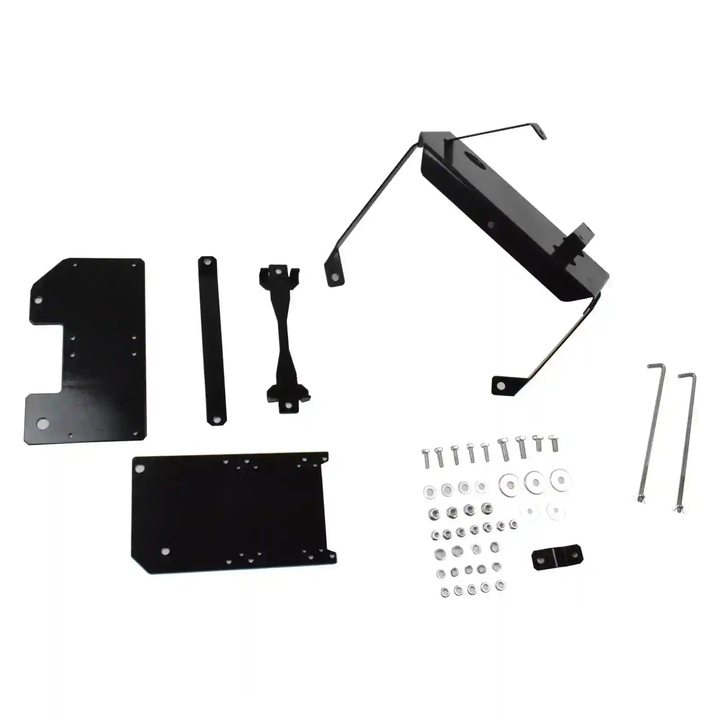 Set of black metal brackets and hardware components on a white background