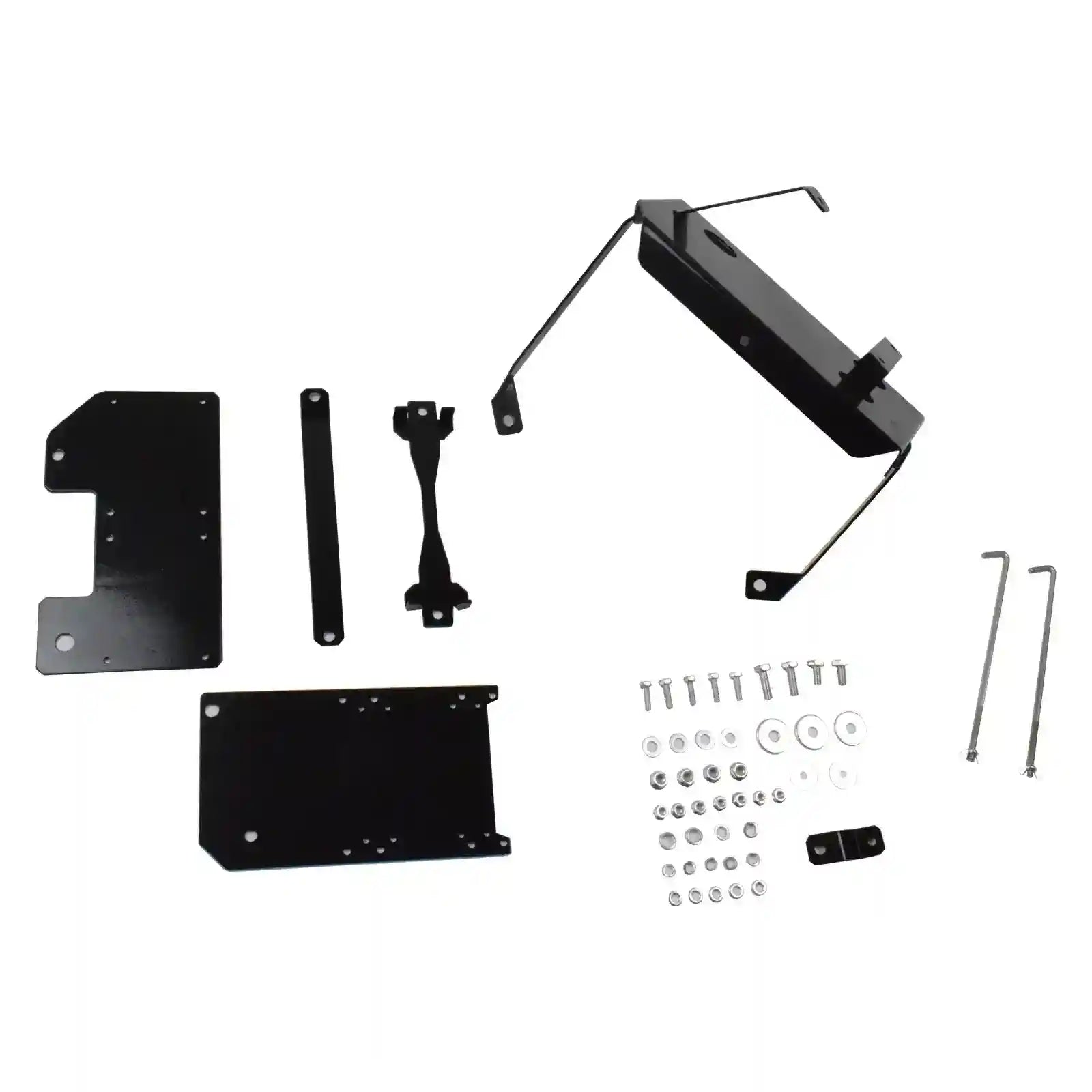 Set of black metal brackets and hardware components on a white background