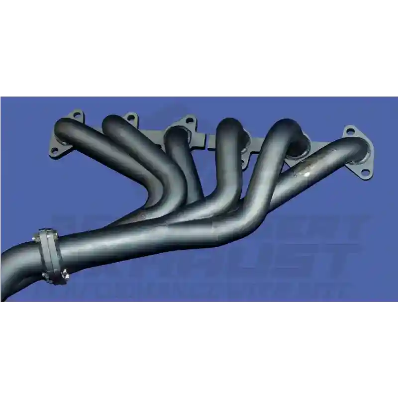 Metal exhaust pipes on a blue background with a brand name.