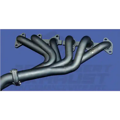 Metal exhaust pipes on a blue background with a brand name.