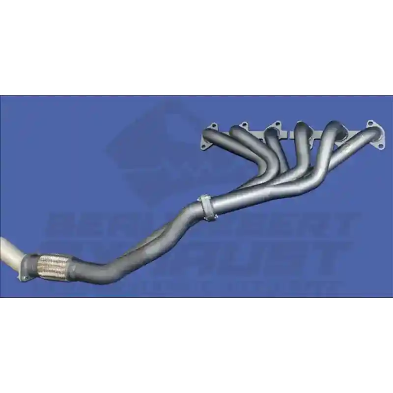 Metal exhaust pipe system on a blue background with a brand logo.