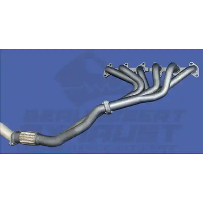 Metal exhaust pipe system on a blue background with a brand logo.