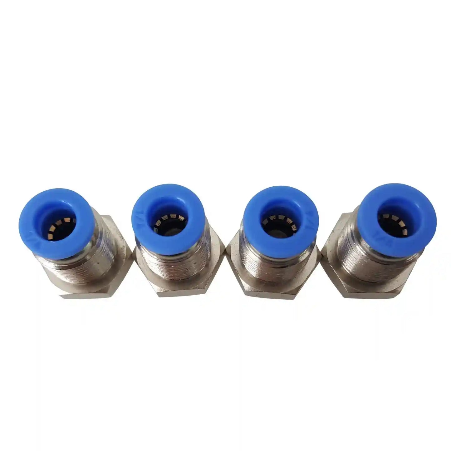 Four metal connectors with blue ends on a white background