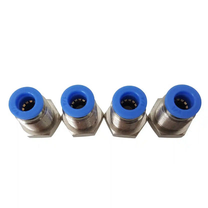 Four metal connectors with blue ends on a white background