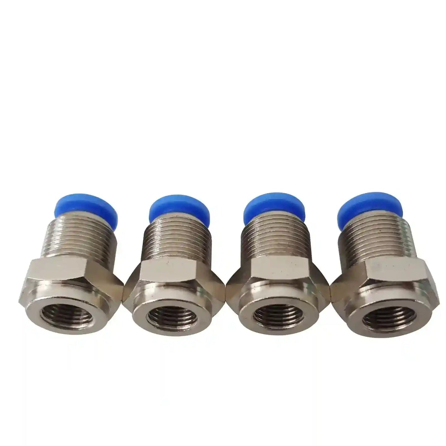 Four metal connectors with blue caps on a white background