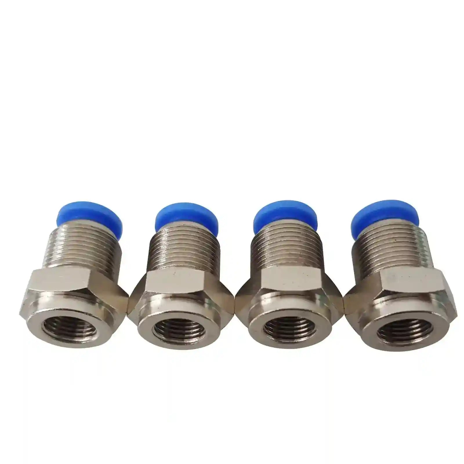Four metal connectors with blue caps on a white background