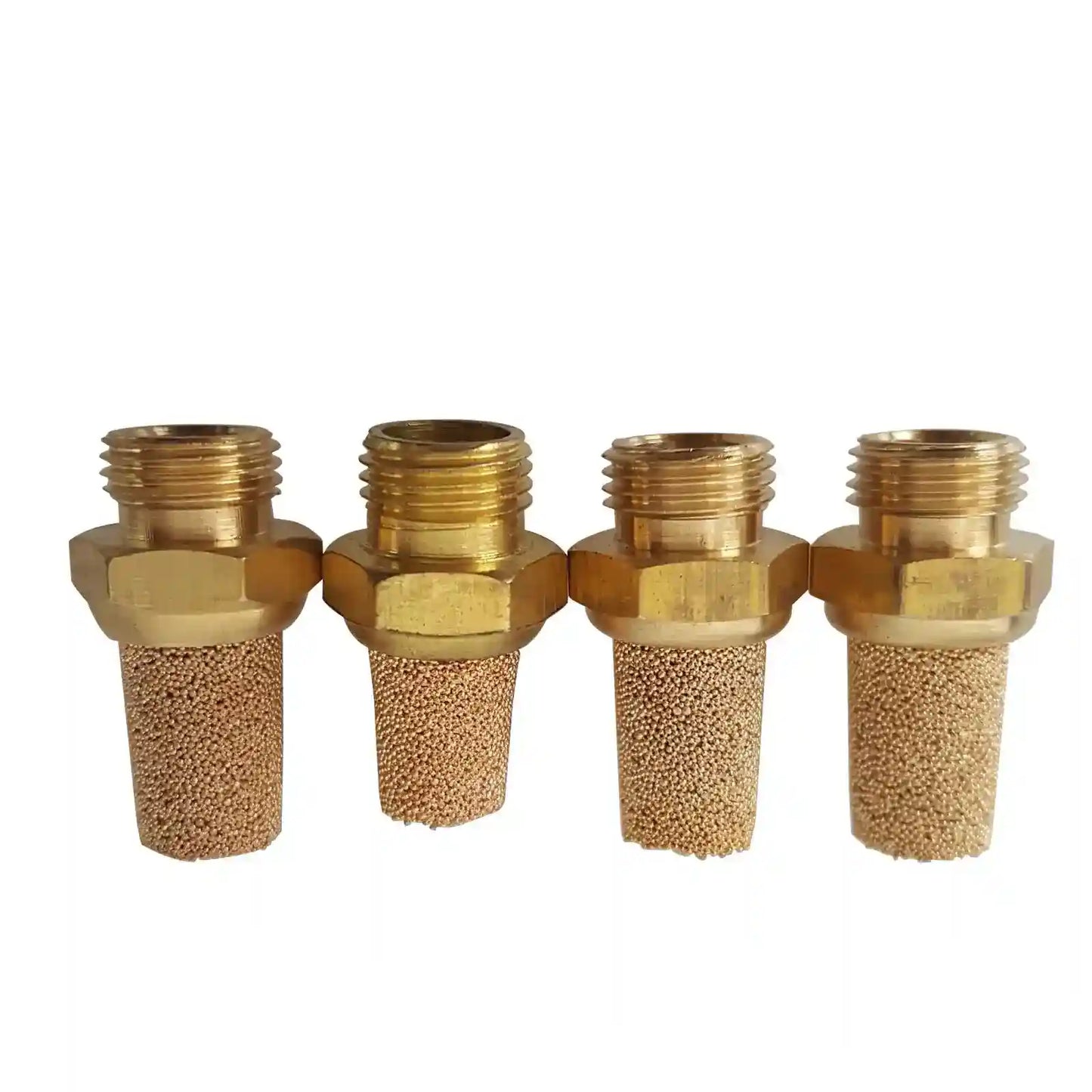 Four brass nozzles with threaded ends on a white background