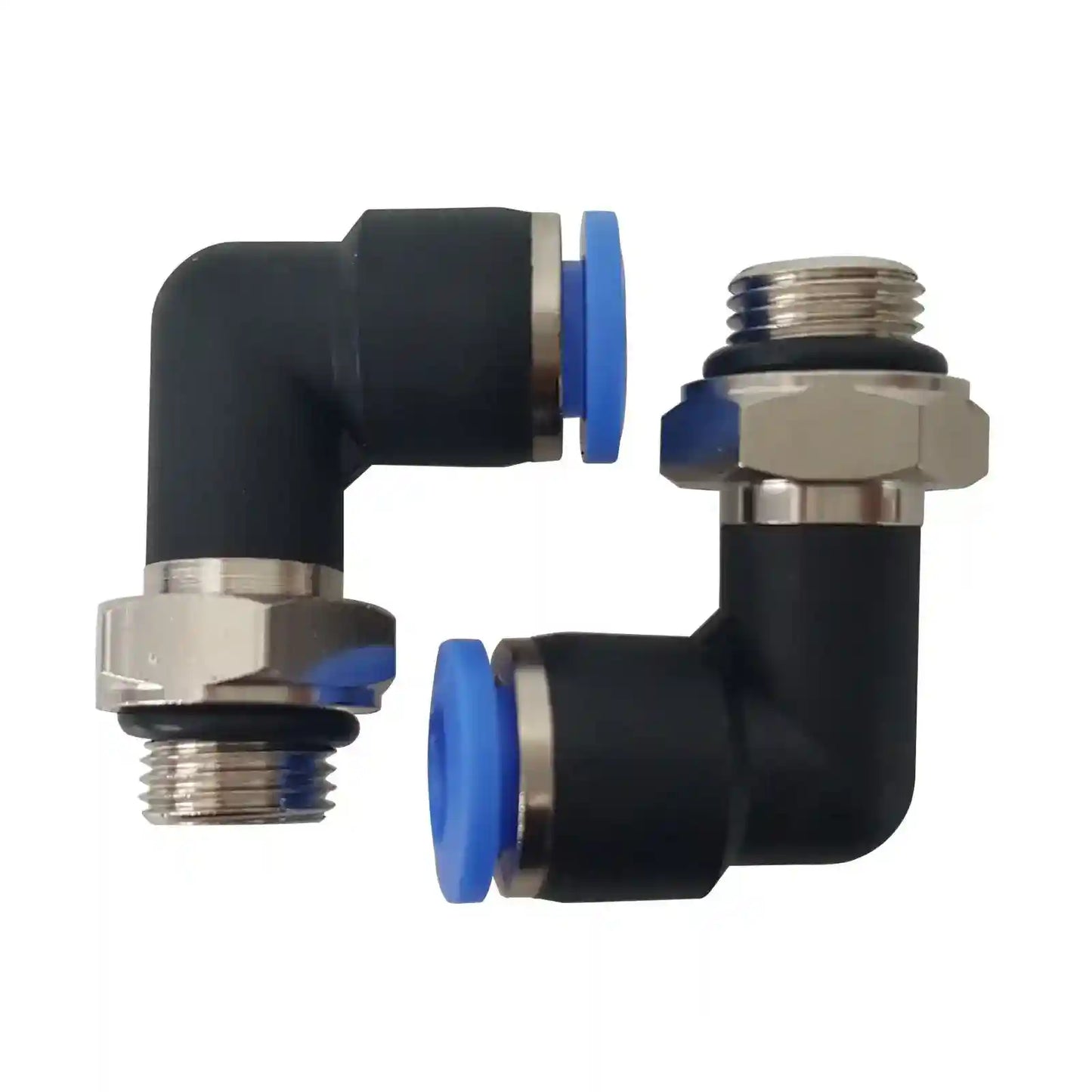 Two black elbow connectors with blue compression rings on a white background