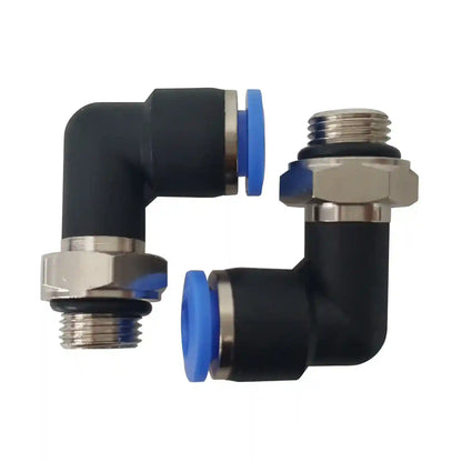 Two black elbow connectors with blue compression rings on a white background