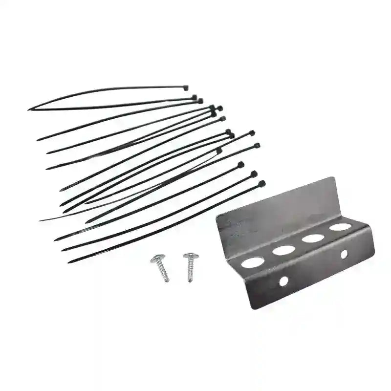 Metal bracket with screws and black cables on a white background