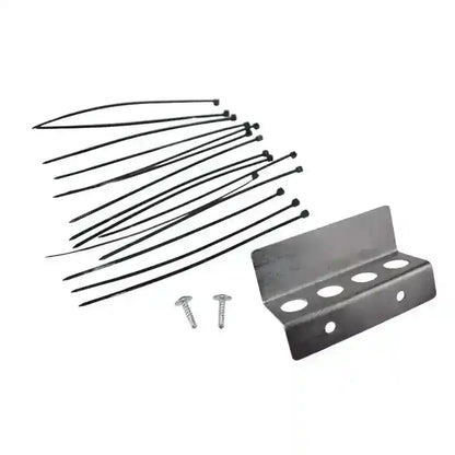 Metal bracket with screws and black cables on a white background