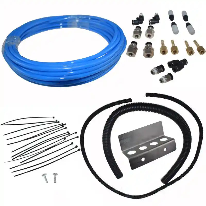 Pneumatic kit with blue tubing, connectors, and metal components on a white background
