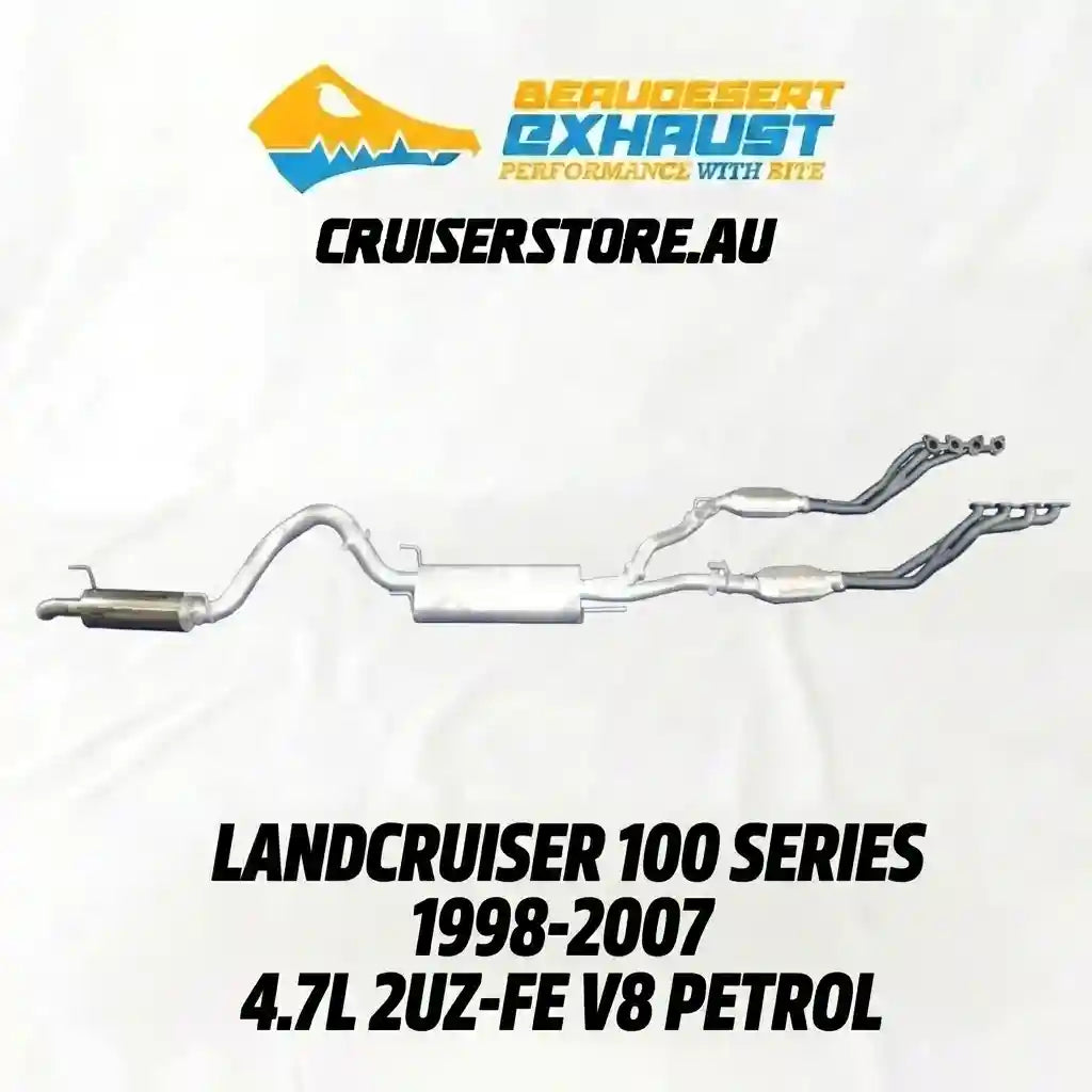 Exhaust system for Landcruiser 100 Series with branding and product details on a white background
