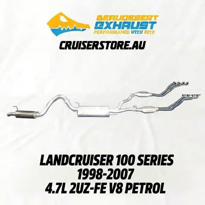 Exhaust system for Landcruiser 100 Series with branding and product details on a white background