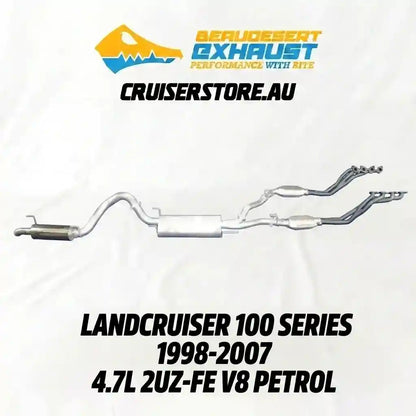 Exhaust system for Landcruiser 100 Series with branding and product details on a white background