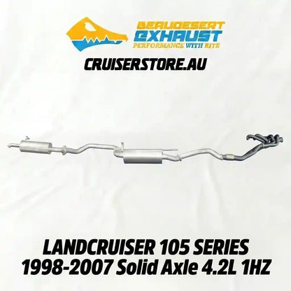 Exhaust system for Landcruiser 105 Series with branding on a white background