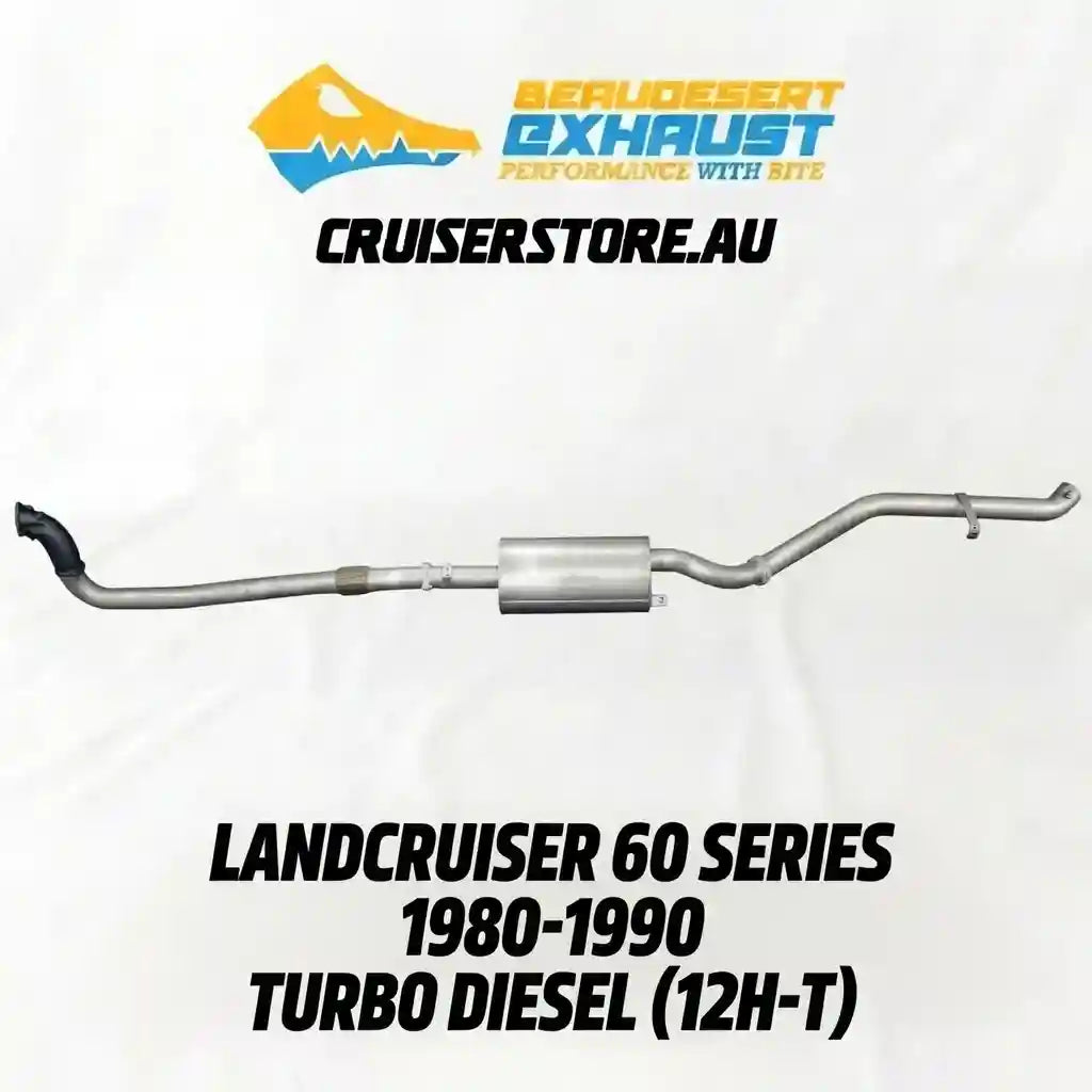 Exhaust system for Landcruiser 60 Series with branding and product details on a white background