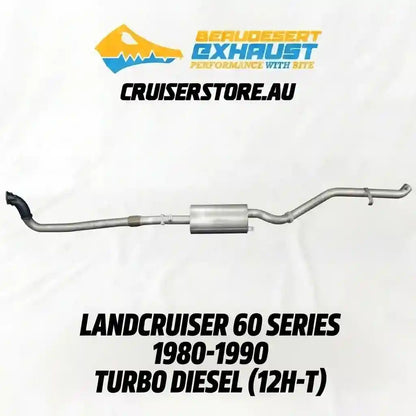 Exhaust system for Landcruiser 60 Series with branding and product details on a white background
