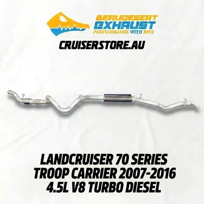 Exhaust system for Landcruiser 70 Series Troop Carrier with Cruserstore.au branding.