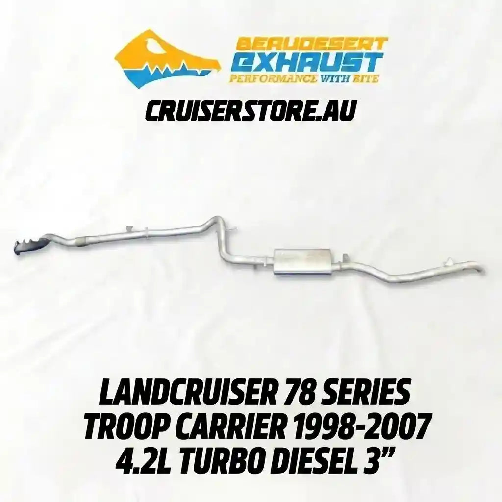 Exhaust system for Landcruiser 78 Series Troop Carrier with CruiserStore.Au branding.