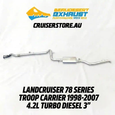 Exhaust system for Landcruiser 78 Series Troop Carrier with CruiserStore.Au branding.