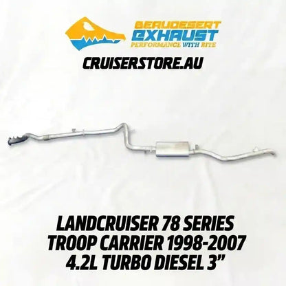 Exhaust system for Landcruiser 78 Series Troop Carrier with CruiserStore.Au branding.