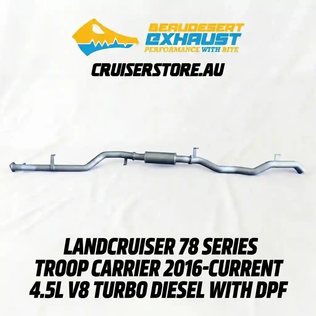 Exhaust system for Landcruiser 78 Series Troop Carrier with Cruserstore.au branding.