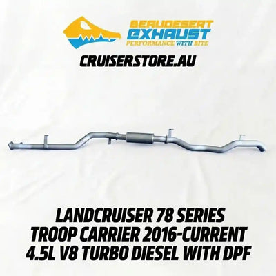 Exhaust system for Landcruiser 78 Series Troop Carrier with Cruserstore.au branding.