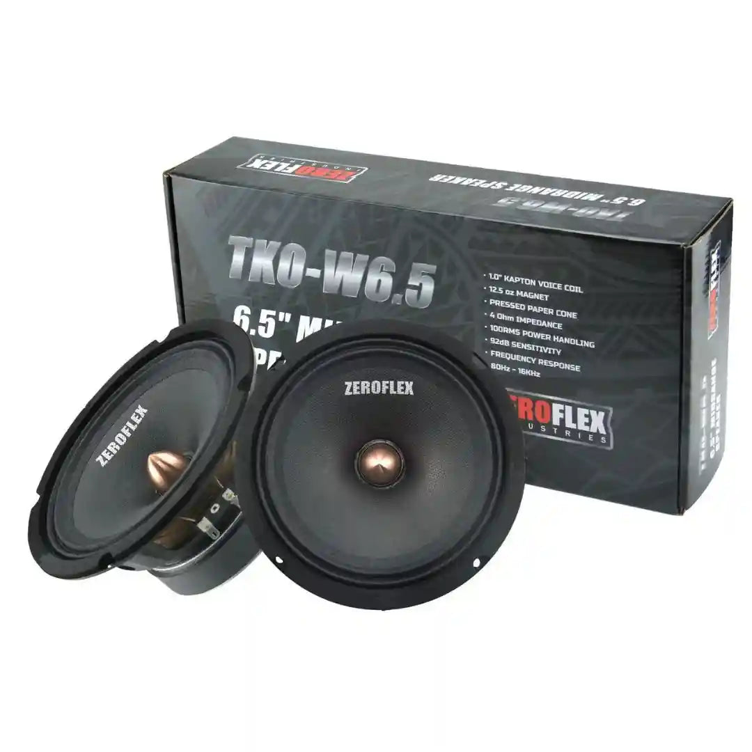 Two Midbass Speaker Drivers with 'Zeroflex' branding in front of their packaging box on a white background.
