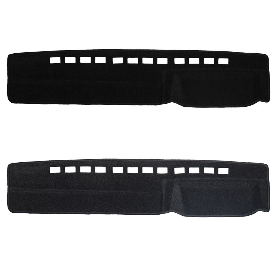 Two black headrest covers with cutout patterns on a white background