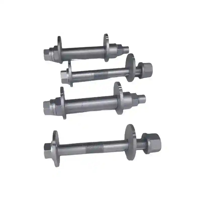 Four metallic bolts of varying lengths on a white background