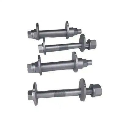 Four metallic bolts of varying lengths on a white background