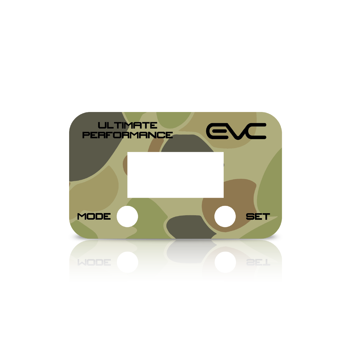Camouflage-patterned controller Faceplate with 'EVC' branding on a white background