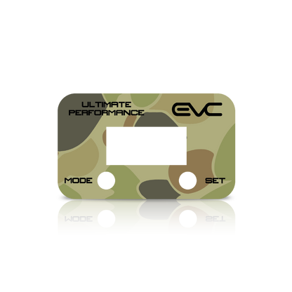 Camouflage-patterned controller Faceplate with 'EVC' branding on a white background