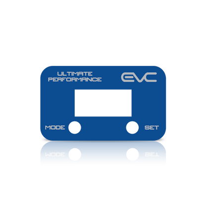 Blue EVC controller Faceplate with white text on a white background