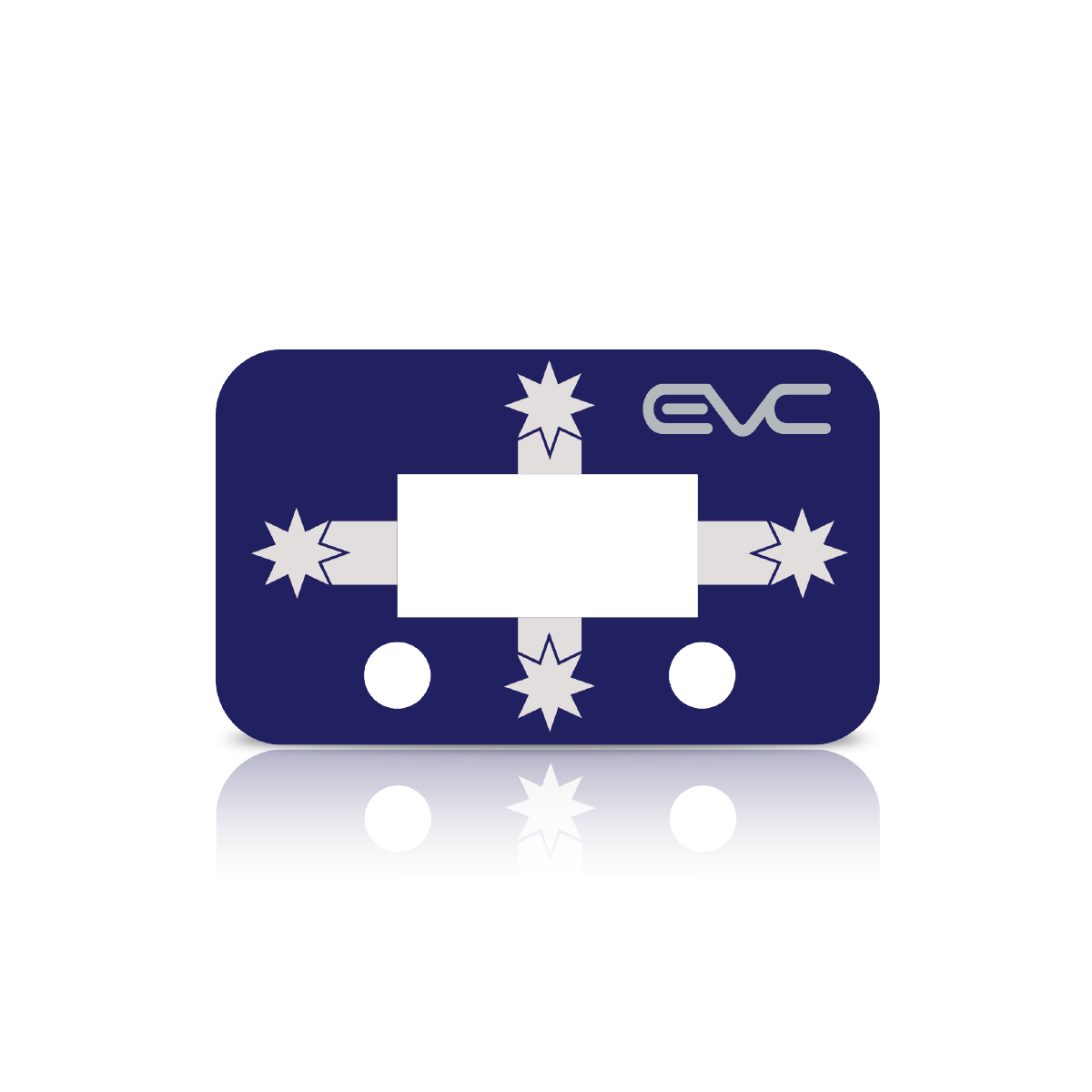 Blue and white metal controller Faceplate with EVC branding on a white background