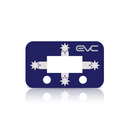 Blue and white metal controller Faceplate with EVC branding on a white background