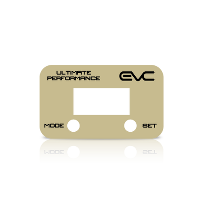 Gold controller Faceplate with 'EVC' branding and text on a white background